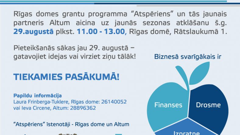 Rīgas dome sadarbībā ar Attīstības finanšu institūciju Altum atklās  grantu programmas “Atspēriens” 2017. gada rudens konkursu