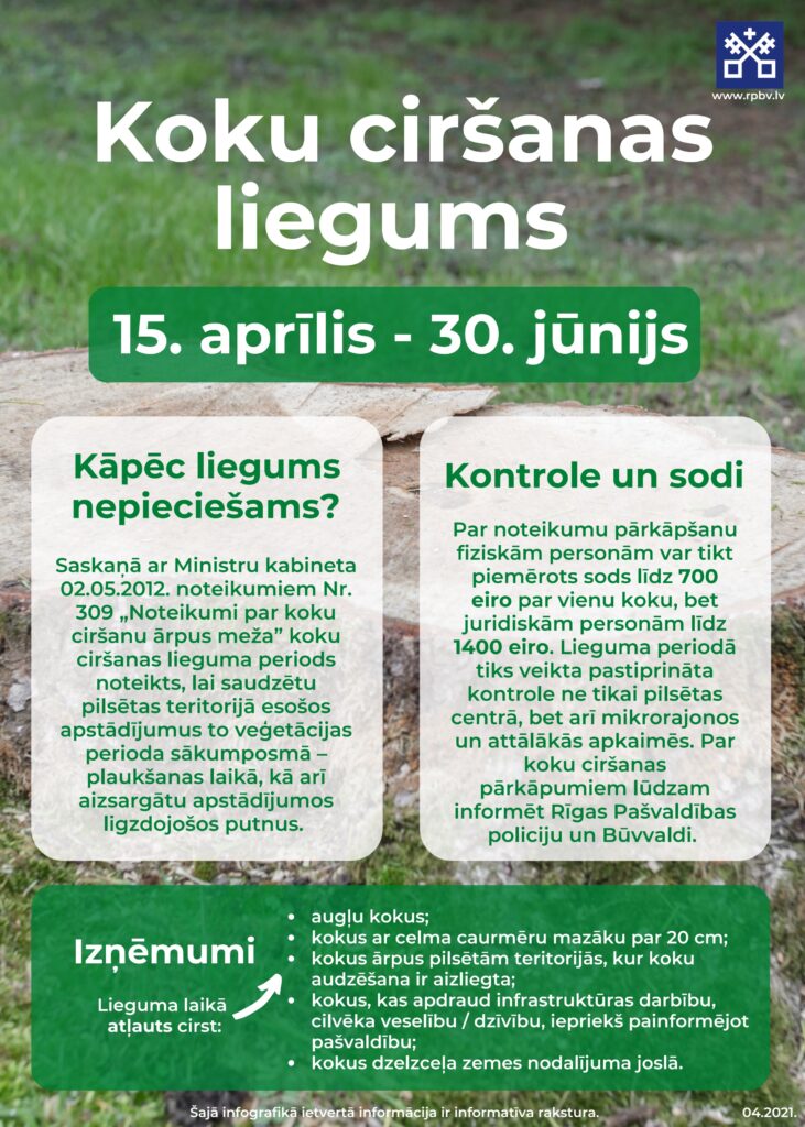 infografikas attēls par koku ciršanas liegumu no 15.aprīļa līdz 10.jūnijam