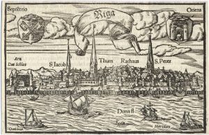 Rīgas panorāma ar pilsētas ģerboņiem, pirms 1547.g. H.Hazentētera kokgriezums