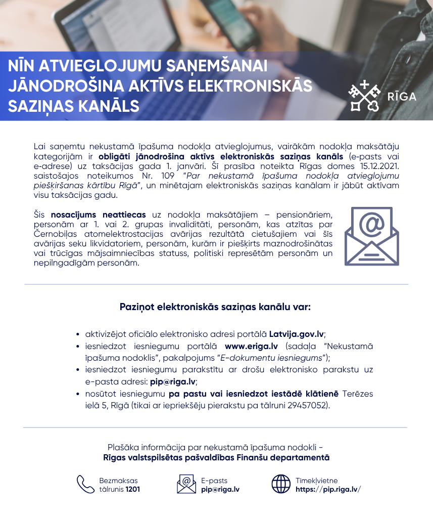 Infografika - Nekustamā īpašuma nodokļa atvieglojumu saņemšanai jānodrošina aktīvs elektroniskās saziņas kanāls