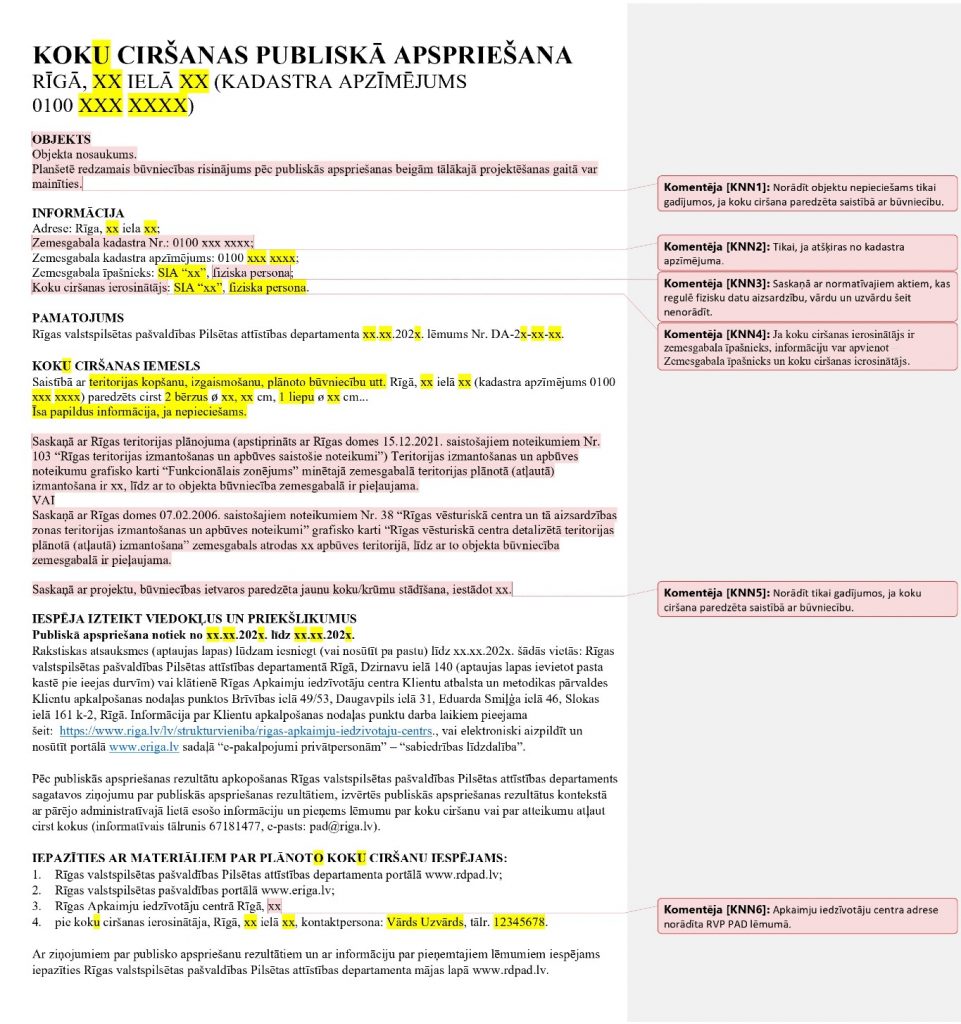 Koku ciršanas publiskās apspriešanas planšetes tekstuālās daļas paraugs
