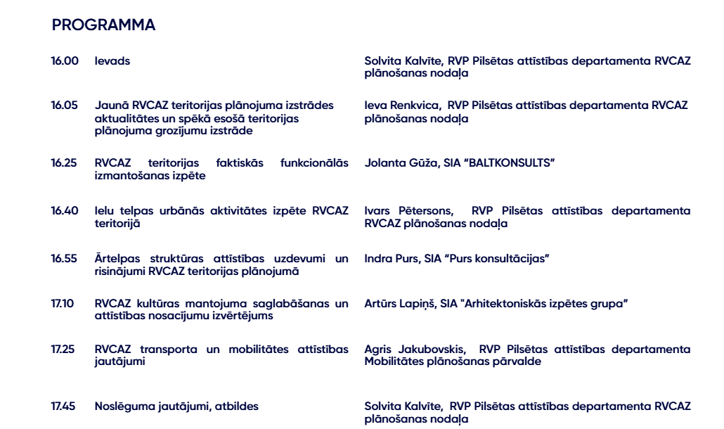 Vebināra programma par Rīgas vēsturiskā centra un tā aizsardzības zonas teritorijas plānošanas aktualitātēm