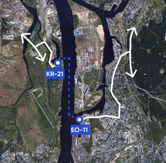 Rīgas karte ar atzīmētām lokācijām, kuras minētas iepriekš tekstā - KR-21 un EO-11